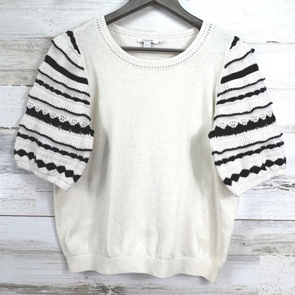 Chicos Cream Knit Short Sleeve Sweater Black Striped Ruffle Sleeve Linen Blend M